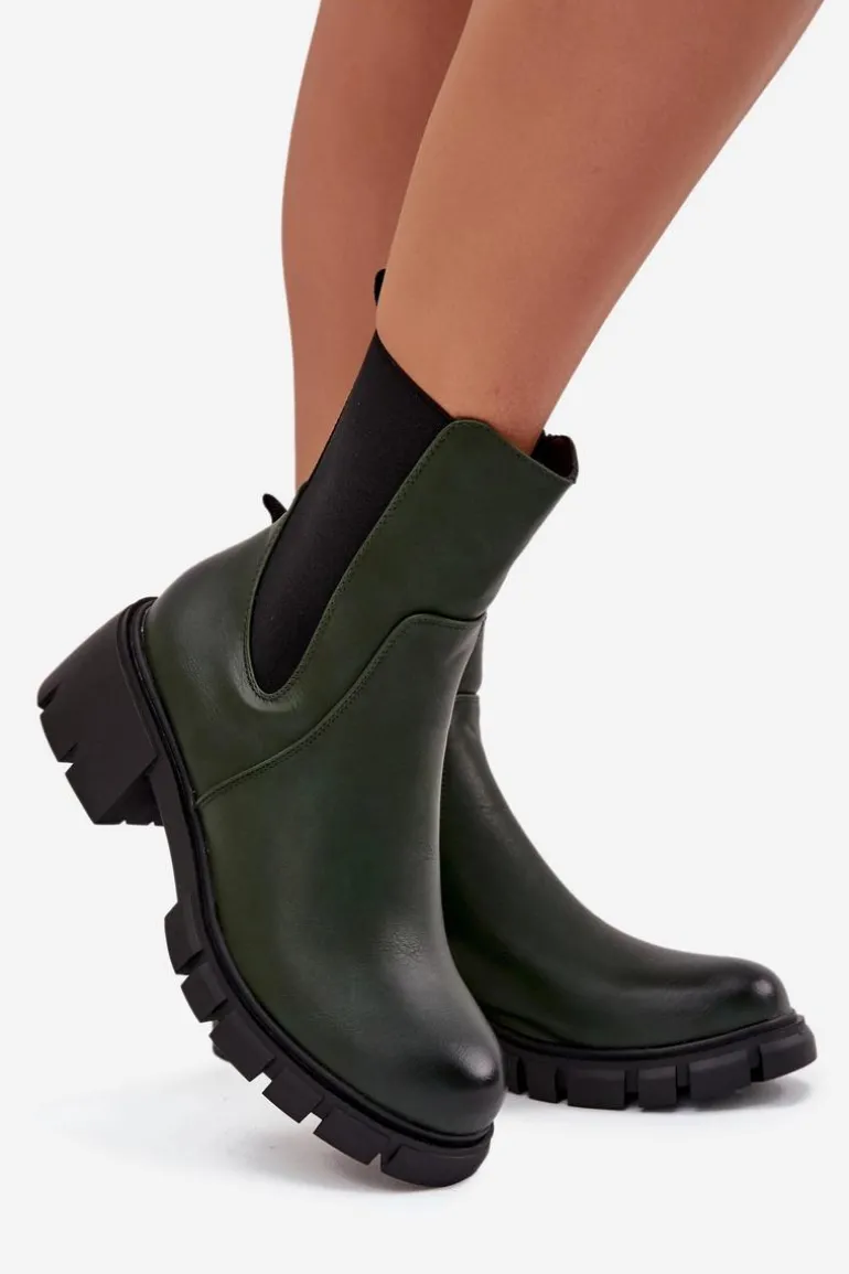 Botki Damskie Na Klocku Eko Skórzane Ciemnozielone Kyra