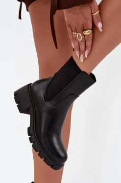 Botki Damskie Na Klocku Eko Skórzane Czarne Kyra