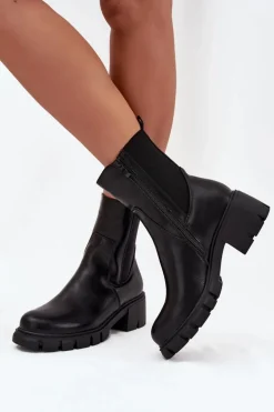 Botki Damskie Na Klocku Eko Skórzane Czarne Kyra