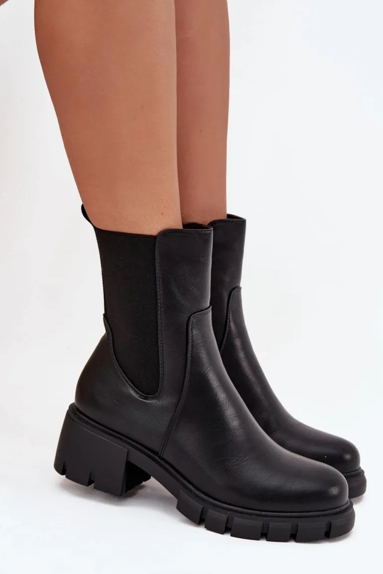 Botki Damskie Na Klocku Eko Skórzane Czarne Kyra