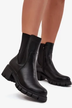 Botki Damskie Na Klocku Eko Skórzane Czarne Kyra