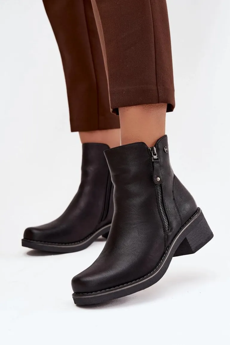 Botki Damskie Na Klocku Ocieplane Czarne Kalivana