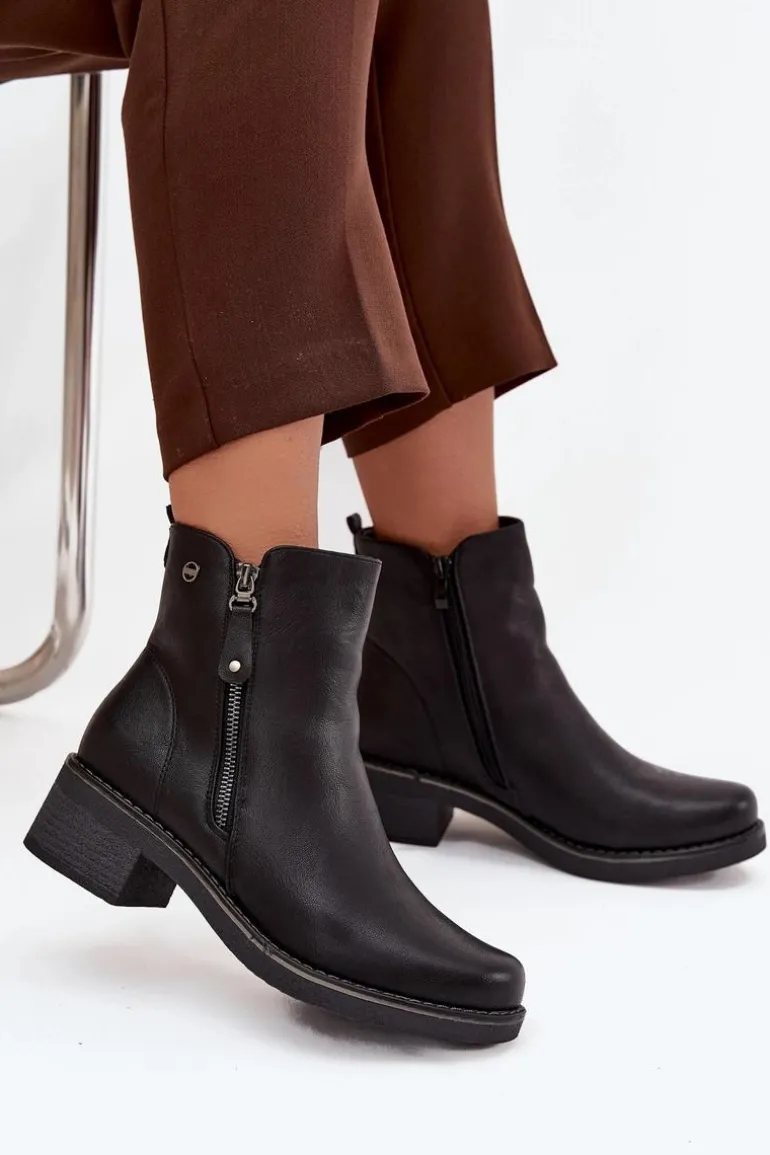 Botki Damskie Na Klocku Ocieplane Czarne Kalivana