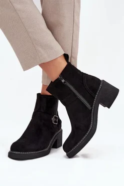 Botki Damskie Na Klocku Z Klamrą Czarne Nymera