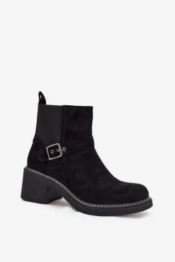 Botki Damskie Na Klocku Z Klamrą Czarne Nymera