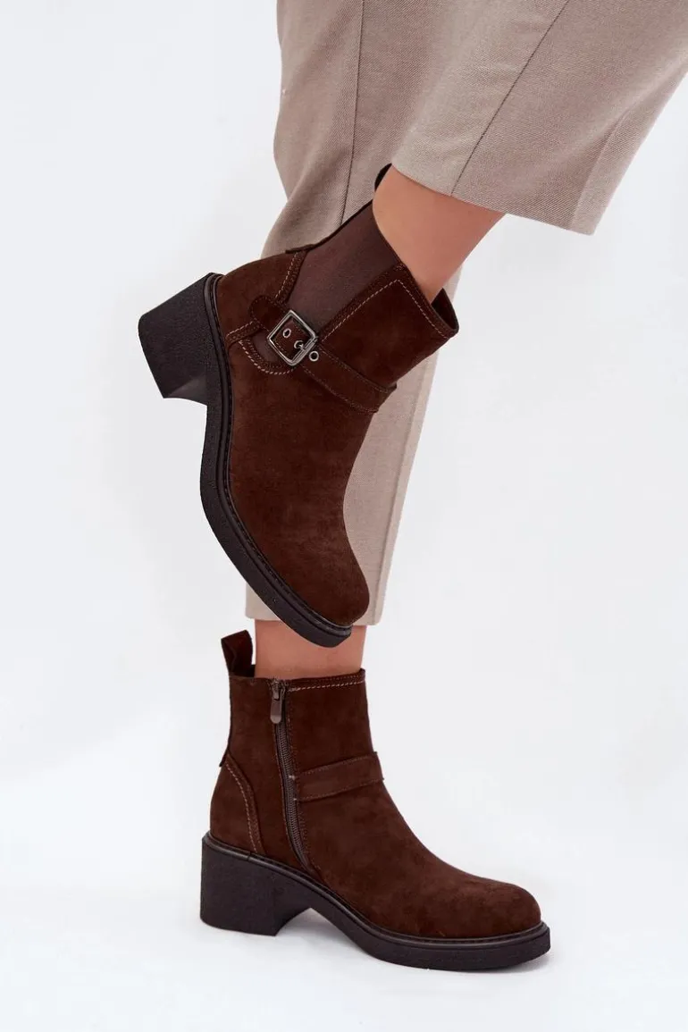 Botki Damskie Na Klocku Z Klamrą Brązowe Nymera
