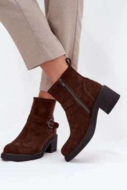 Botki Damskie Na Klocku Z Klamrą Brązowe Nymera