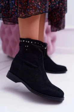 Botki Damskie Na Koturnie Płaski Obcas Ocieplane Za Kostkę Czarne Deminis