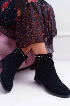 Botki Damskie Na Koturnie Płaski Obcas Ocieplane Za Kostkę Czarne Deminis