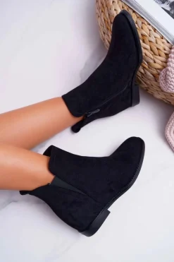 Botki Damskie na Koturnie Zamsz Czarne Tema