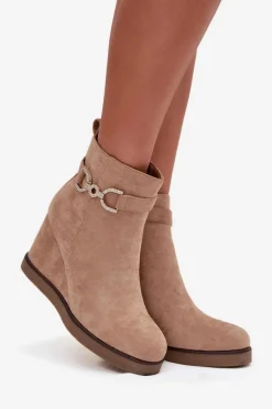 Botki Damskie Na Koturnie Z Ozdobnym Detalem Beżowe Marivana