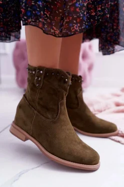 Botki Damskie Na Koturnie Płaski Obcas Ocieplane Za Kostkę Oliwkowe Deminis