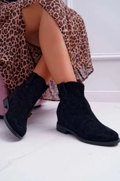 Botki Damskie Na Koturnie Płaski Obcas Ocieplane Za Kostkę Czarne Demini