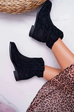 Botki Damskie Na Koturnie Płaski Obcas Ocieplane Za Kostkę Czarne Demini