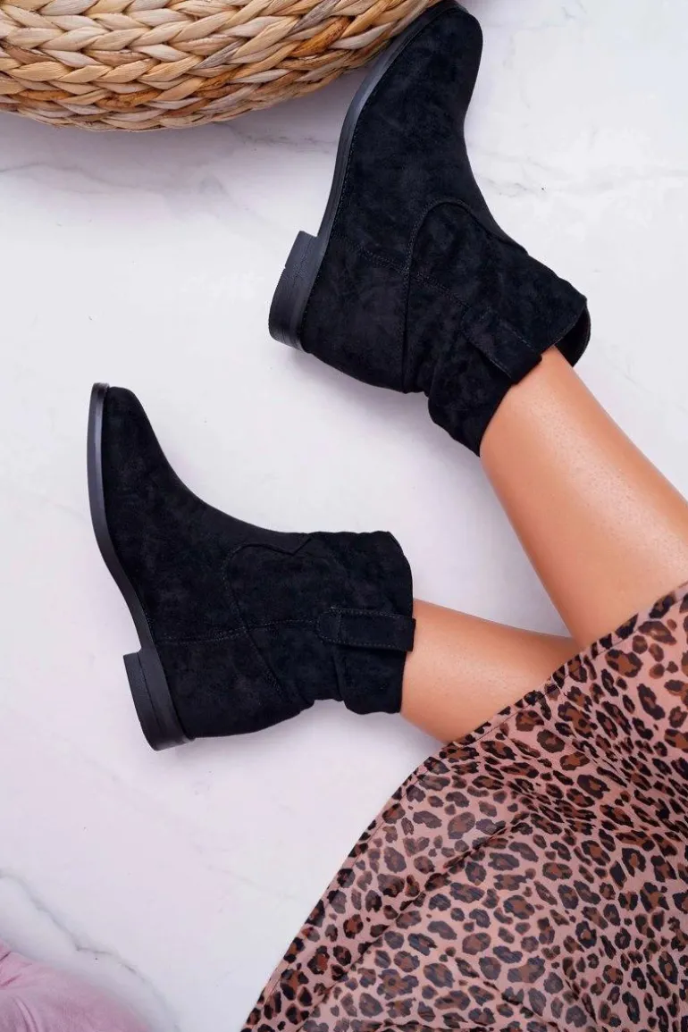 Botki Damskie Na Koturnie Płaski Obcas Ocieplane Za Kostkę Czarne Demini