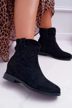 Botki Damskie Na Koturnie Płaski Obcas Ocieplane Za Kostkę Czarne Demini