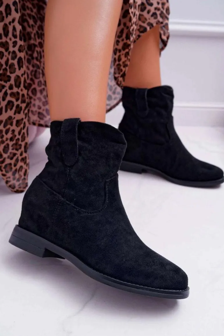 Botki Damskie Na Koturnie Płaski Obcas Ocieplane Za Kostkę Czarne Demini