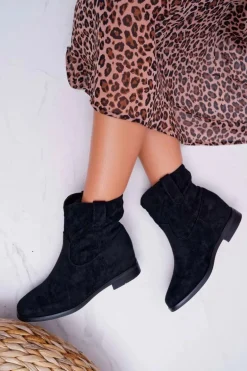 Botki Damskie Na Koturnie Płaski Obcas Ocieplane Za Kostkę Czarne Demini