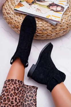 Botki Damskie Na Koturnie Płaski Obcas Ocieplane Za Kostkę Czarne Demini
