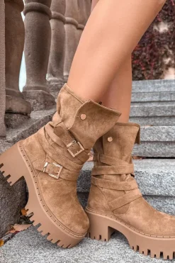 Botki Damskie Na Masywnym Obcasie Z Klamrami I Paskiem Khaki Nerelisa