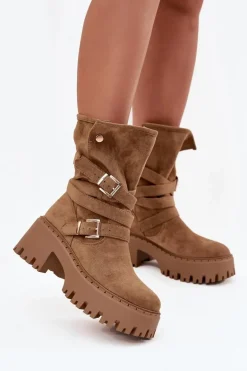 Botki Damskie Na Masywnym Obcasie Z Klamrami I Paskiem Khaki Nerelisa