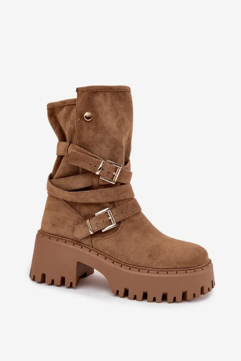 Botki Damskie Na Masywnym Obcasie Z Klamrami I Paskiem Khaki Nerelisa