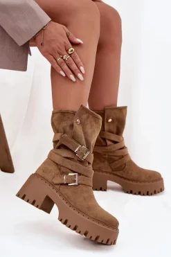 Botki Damskie Na Masywnym Obcasie Z Klamrami I Paskiem Khaki Nerelisa