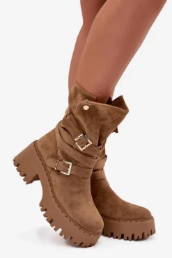 Botki Damskie Na Masywnym Obcasie Z Klamrami I Paskiem Khaki Nerelisa