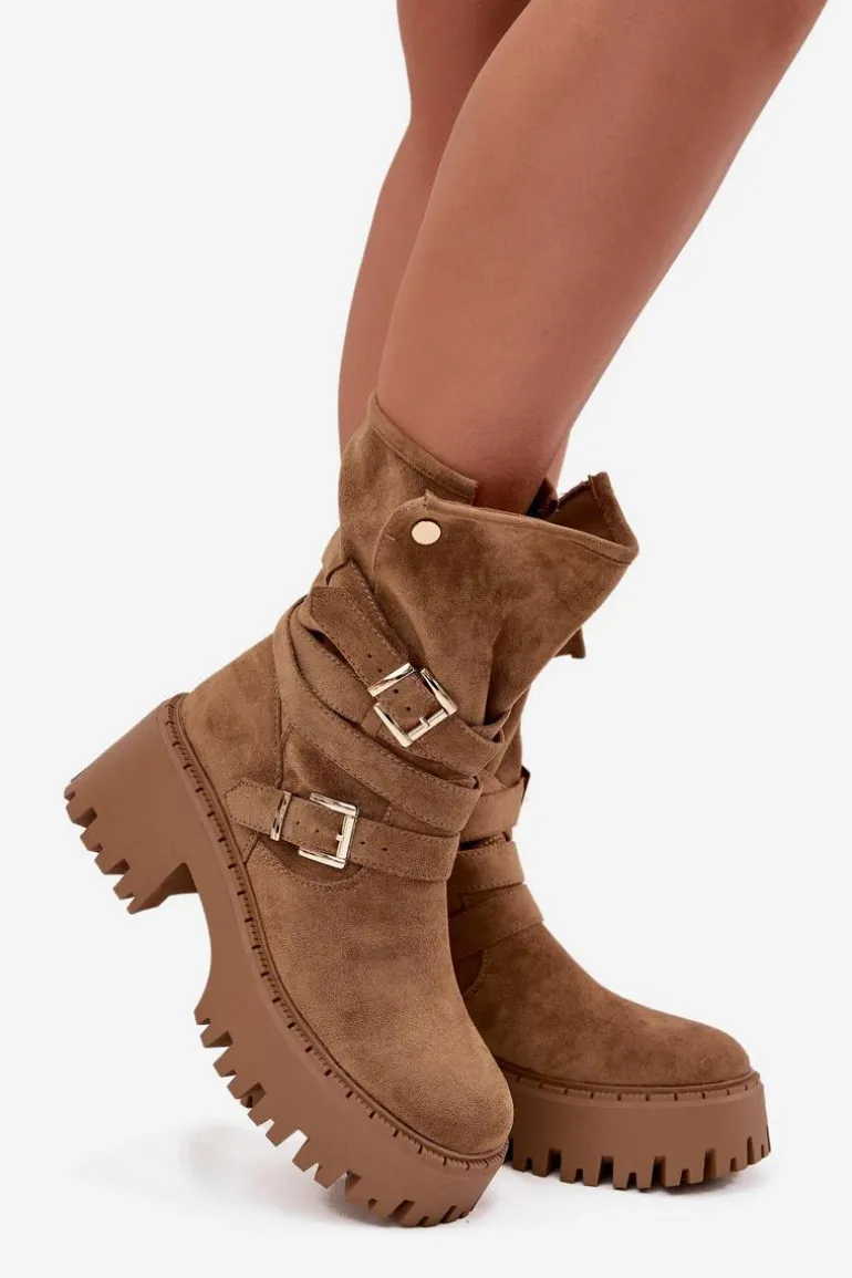 Botki Damskie Na Masywnym Obcasie Z Klamrami I Paskiem Khaki Nerelisa