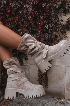 Botki Damskie Na Masywnym Obcasie Z Klamrami I Paskiem Beżowe Nerelisa