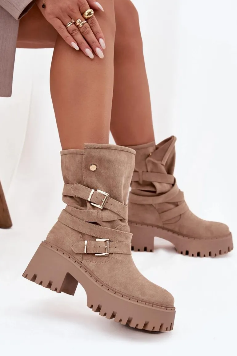 Botki Damskie Na Masywnym Obcasie Z Klamrami I Paskiem Beżowe Nerelisa