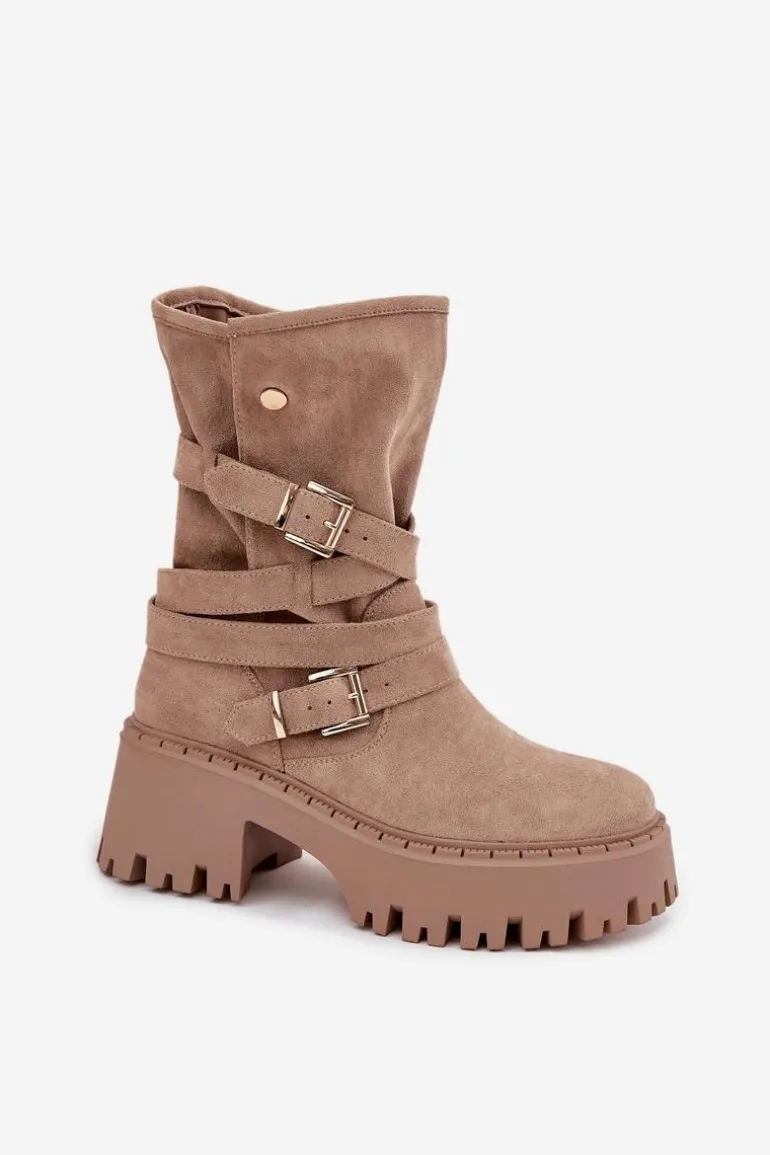 Botki Damskie Na Masywnym Obcasie Z Klamrami I Paskiem Beżowe Nerelisa