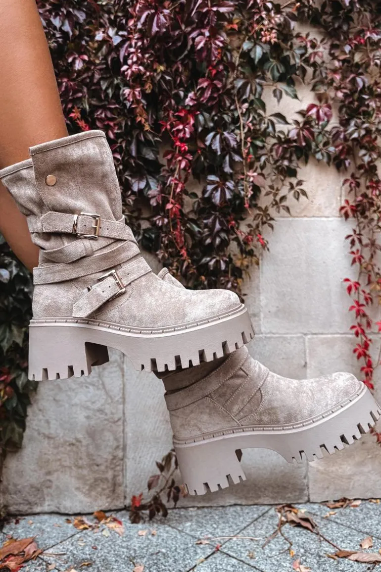 Botki Damskie Na Masywnym Obcasie Z Klamrami I Paskiem Beżowe Nerelisa