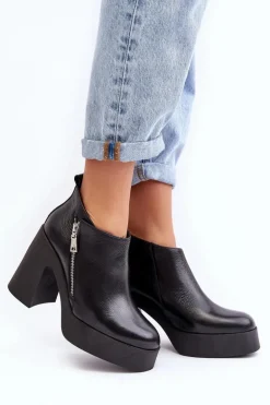 Botki Damskie Na Masywnym Słupku Z Suwakiem 1755 Zazoo Czarne