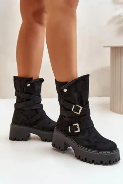 Botki Damskie Na Masywnym Obcasie Z Klamrami I Paskiem Czarne Nerelisa