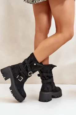 Botki Damskie Na Masywnym Obcasie Z Klamrami I Paskiem Czarne Nerelisa