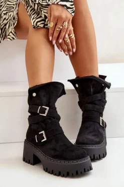 Botki Damskie Na Masywnym Obcasie Z Klamrami I Paskiem Czarne Nerelisa