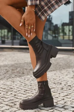 Botki Damskie Na Masywnym Obcasie I Platformie Eko Skórzane Brązowe Elvianne