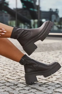 Botki Damskie Na Masywnym Obcasie I Platformie Eko Skórzane Brązowe Elvianne