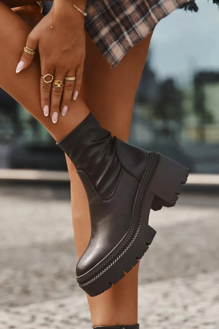 Botki Damskie Na Masywnym Obcasie I Platformie Eko Skórzane Brązowe Elvianne