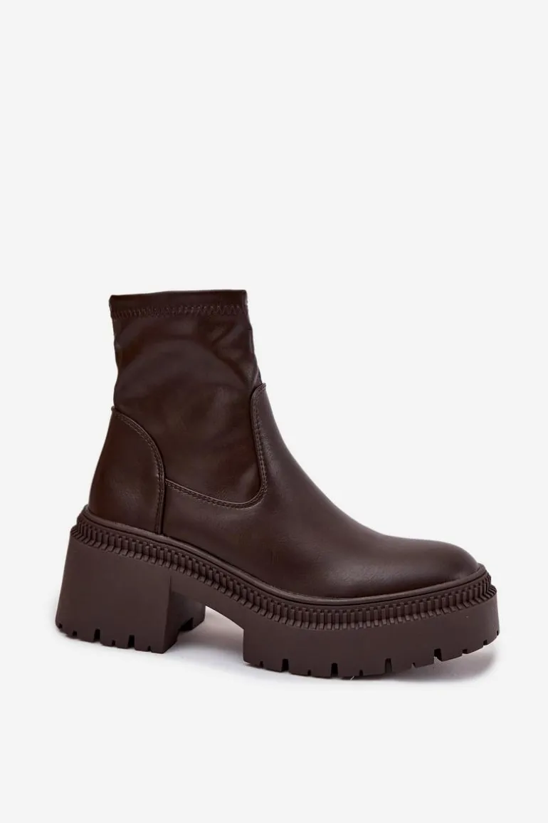 Botki Damskie Na Masywnym Obcasie I Platformie Eko Skórzane Brązowe Elvianne