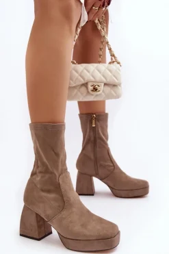 Botki Damskie Na Masywnym Obcasie I Platformie Ciemnobeżowe Adelles