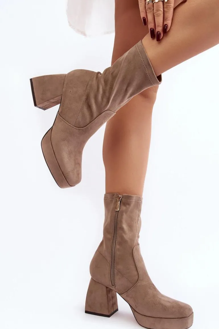 Botki Damskie Na Masywnym Obcasie I Platformie Ciemnobeżowe Adelles