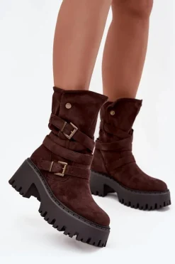 Botki Damskie Na Masywnym Obcasie Z Klamrami I Paskiem Czekoladowe Nerelisa