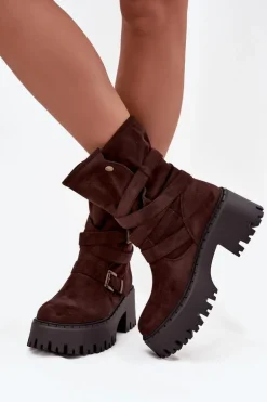 Botki Damskie Na Masywnym Obcasie Z Klamrami I Paskiem Czekoladowe Nerelisa