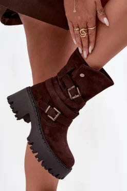 Botki Damskie Na Masywnym Obcasie Z Klamrami I Paskiem Czekoladowe Nerelisa