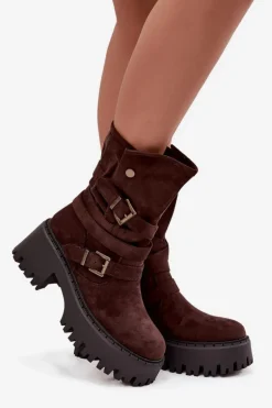 Botki Damskie Na Masywnym Obcasie Z Klamrami I Paskiem Czekoladowe Nerelisa