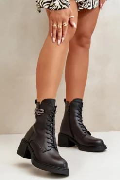 Botki Damskie Na Masywnym Obcasie Ocieplane Ze Skóry Naturalnej Czarne Vinceza 66682