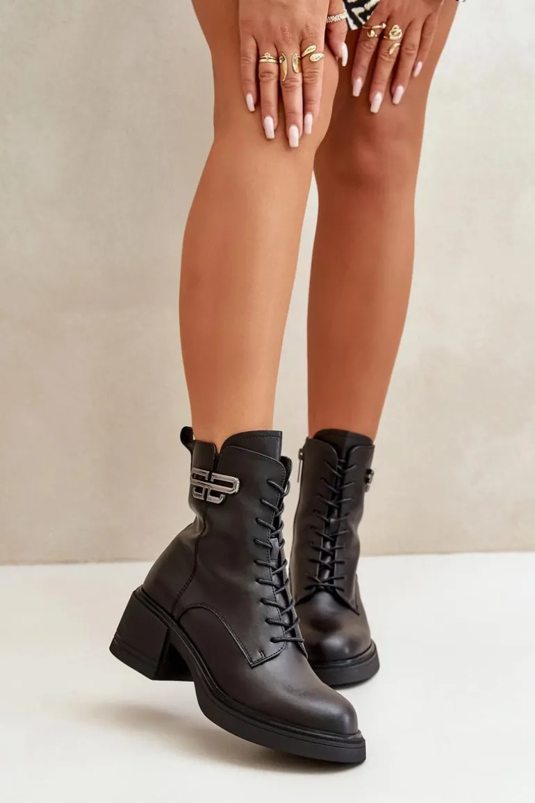 Botki Damskie Na Masywnym Obcasie Ocieplane Ze Skóry Naturalnej Czarne Vinceza 66682