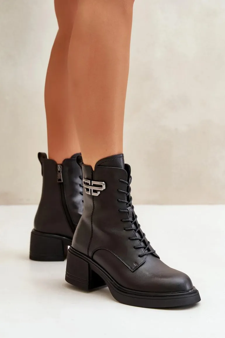 Botki Damskie Na Masywnym Obcasie Ocieplane Ze Skóry Naturalnej Czarne Vinceza 66682